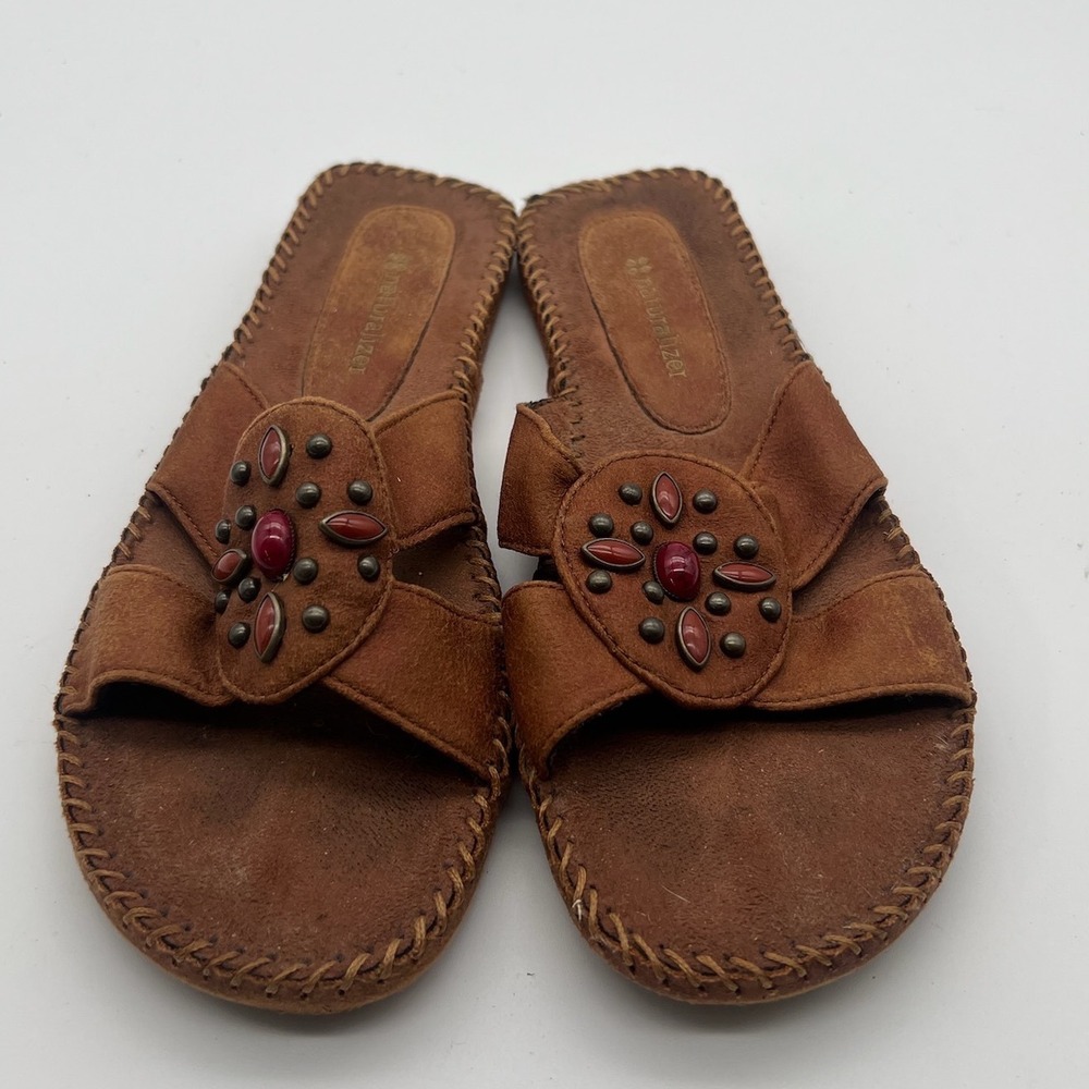 Naturalizer Solis Brown Studded Medallion Whipstitch Slide Sandals 7M 475HK23
